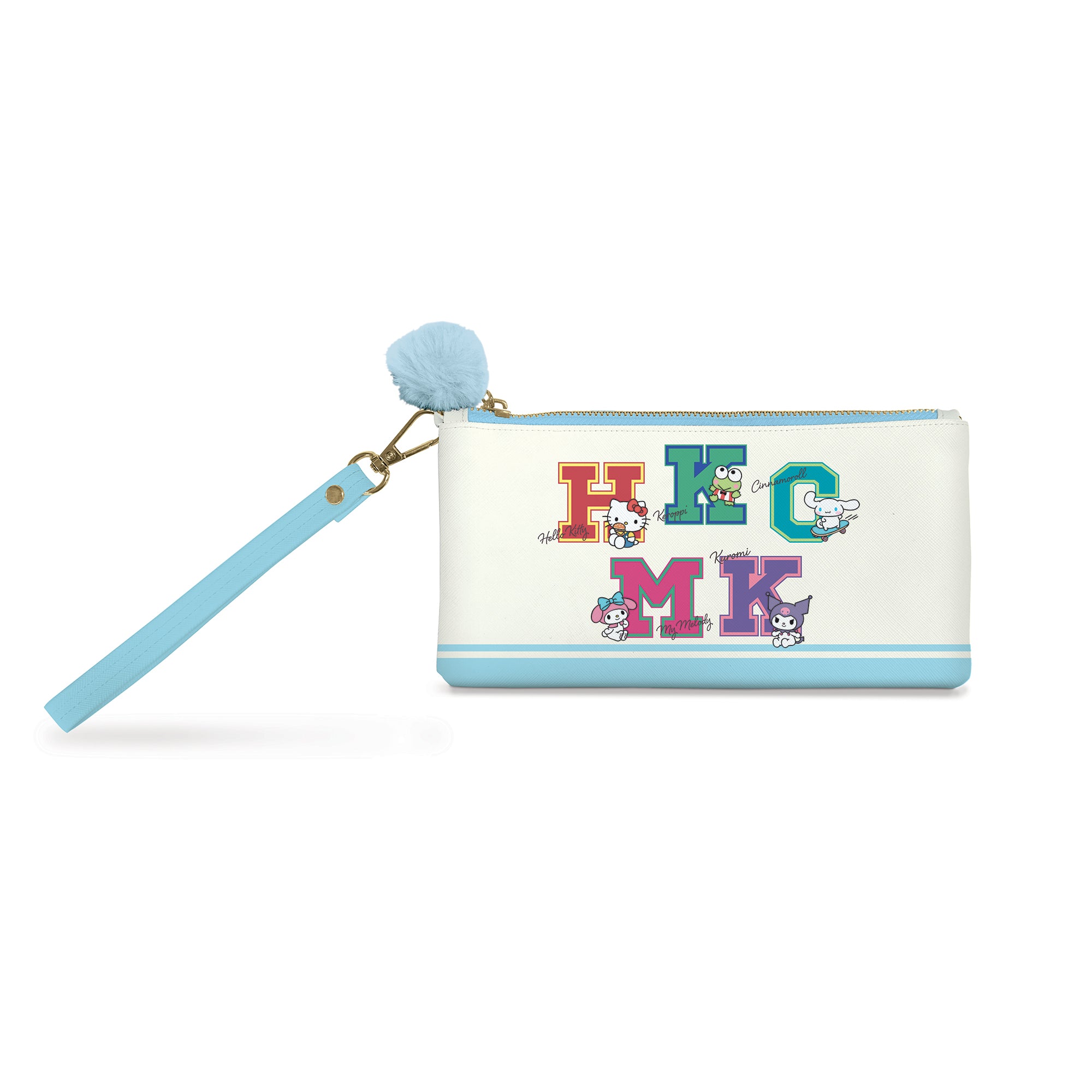Hello Kitty and Friends College Letters Blue Pencil Pouch with Wrist Strap & Decorative Pull