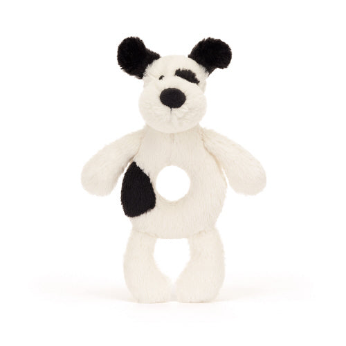 BASHFUL BLACK & CREAM PUPPY RING RATTLE (RECYCLED FIBERS)