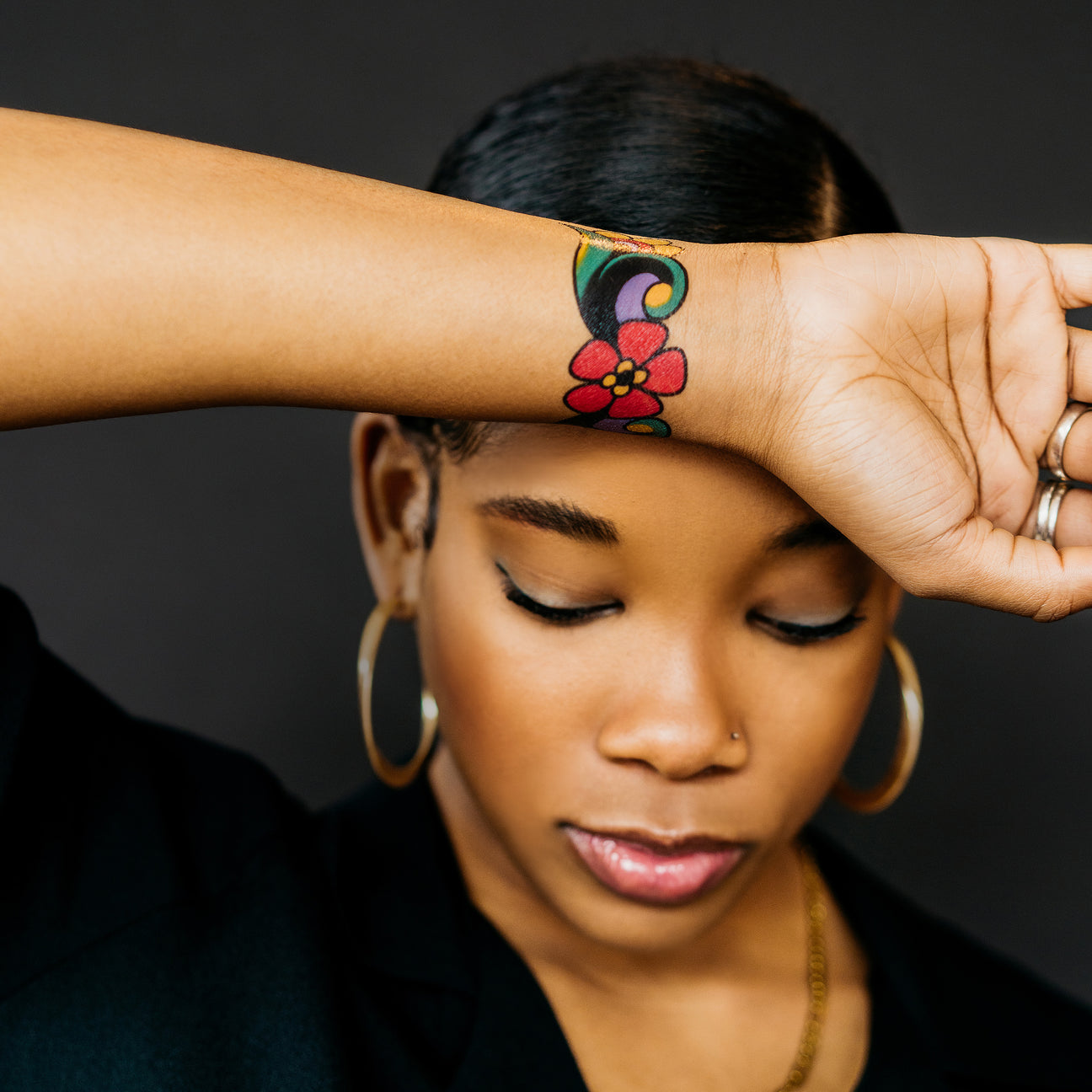RED FLOWER CUFF TATTOO PAIR